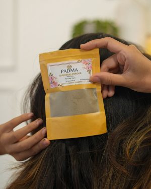 Hand holding Padma Bhringraj Powder over dark hair image on padma home page