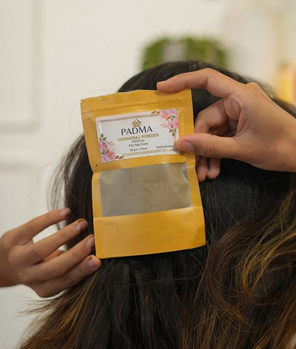 Hand holding Padma Bhringraj Powder over dark hair image on padma home page