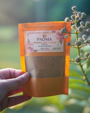 Hand holding Padma Moringa Leaf Powder pack image on padma product category page