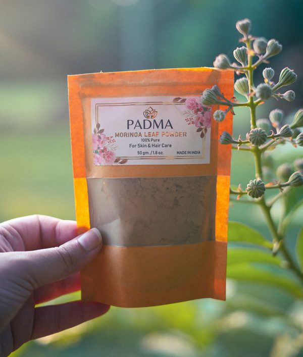 Hand holding Padma Moringa Leaf Powder pack image on padma product category page
