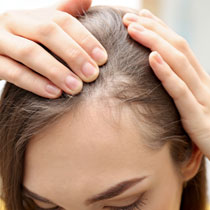 Hands examining a person's scalp and hair image on padma home page