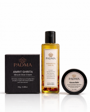 Head-to-Toe Ritual Set Therapeutic Hair Oil + Amrit Ghrita: Miracle Glow Cream + Karuna Balm – Healing & Restoring Hand Cream